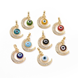 Brass Micro Pave Cubic Zirconia Pendants, with Handmade Evil Eye Lampwork, Crescent Moon Charm, Real 18K Gold Plated