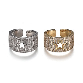 Brass Micro Pave Clear Cubic Zirconia Cuff Rings, Open Rings, Cadmium Free & Lead Free, Hollow Star