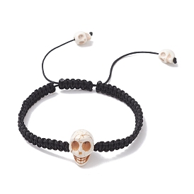Synthetic Magnesite Skull Braided Bead Bracelets, Adjustable Nylon Cord Bracelets for Women Men