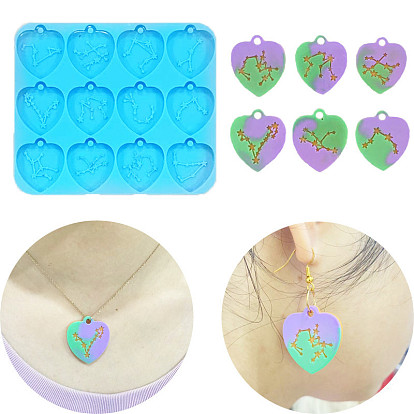 12 Constellations Heart Pendants Silicone Molds, Resin Casting Molds, for UV Resin, Epoxy Resin Jewelry Making