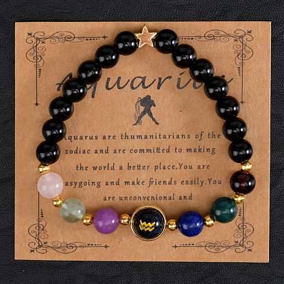 12 Знак зодиака натуральный черный обсидиан круглые бусины эластичные браслеты для мужчин и женщин, с синим песчаником и стеклом