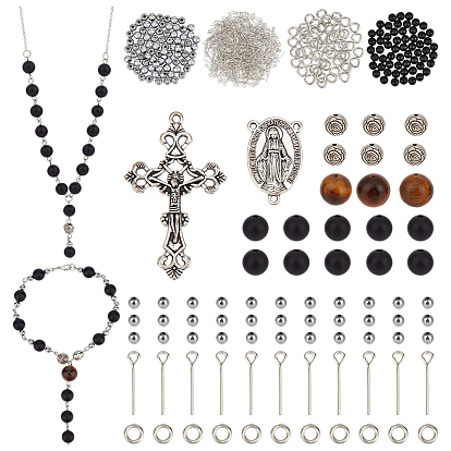 Наборы для изготовления четок своими руками, Включает в себя бусины из натурального тигрового глаза, черного агата, синтетического гематита и сплавов., железный глазок и кольца, Подвески из сплава