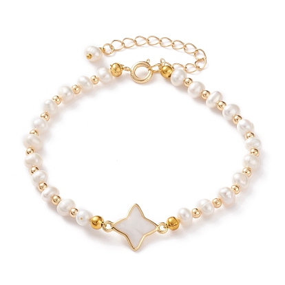 Natural White Shell Star Link Bracelets, with Natural Pearl Beads, Brass Beads and Spring Ring Clasps, Seashell Color