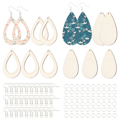 DIY Earrings Kits, with Undyed Wooden Pendants, Silver Plated Brass Jump Rings & Earring Hooks, Teardrop