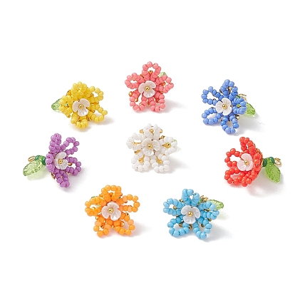 5шт. подвески-цветы из стеклянных бусинок, с имитацией жемчуга из смолы и железной и медной проволокой