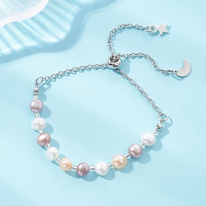 Браслеты-слайдеры из натурального пресноводного жемчуга, с 304 цепями из нержавеющей стали, Луна и звезды