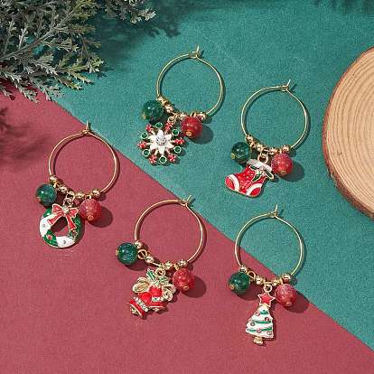 Рождественские подвески из эмали из сплава, подвески для бокалов для вина, с бусинами из резима и латунным кольцом-подвеской для бокалов для вина, разнообразные
