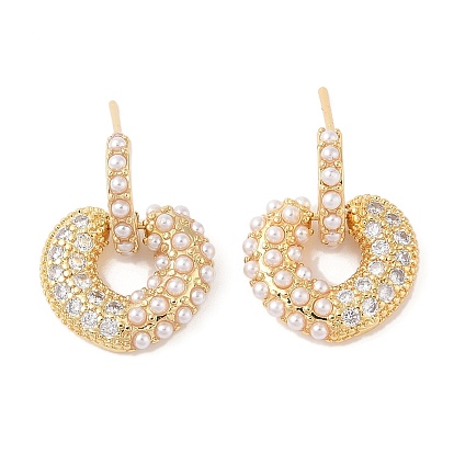 Серьги-гвоздики из латуни с микро-паве из прозрачного кубического циркония для женщин, с пластмассовой жемчужиной abs, без кадмия и без свинца, долговечный, сердце