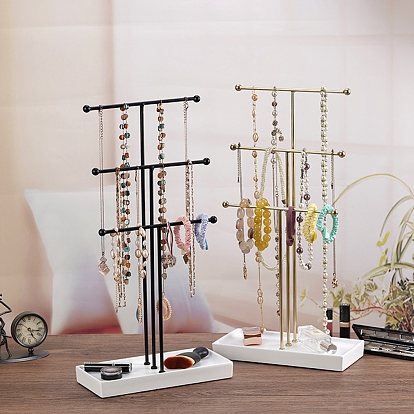 3-Tier Iron T-Bar Jewelry Display Risers, Jewelry Organizer Holder with White Wooden Base, for Bracelets Necklaces Storage