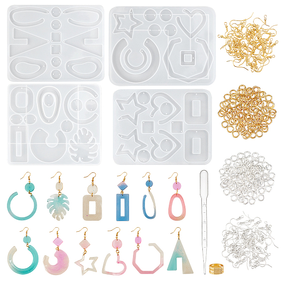 Наборы для изготовления сережек из эпоксидной смолы своими руками, в том числе силиконовые формы для подвески и звеньев разной формы, Латунные крючки для сережек, пластиковая капельница, кольца для наперстков из цинкового сплава