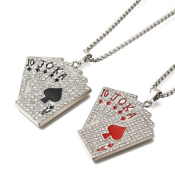 Сплав полный кристалл горный хрусталь игральные карты кулон ожерелья, 201 из нержавеющей стали коробки цепи ожерелья, цвет нержавеющей стали