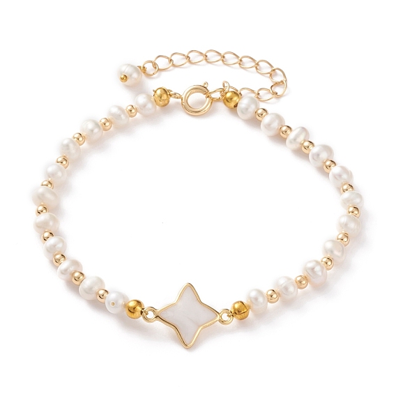 Natural White Shell Star Link Bracelets, with Natural Pearl Beads, Brass Beads and Spring Ring Clasps, Seashell Color