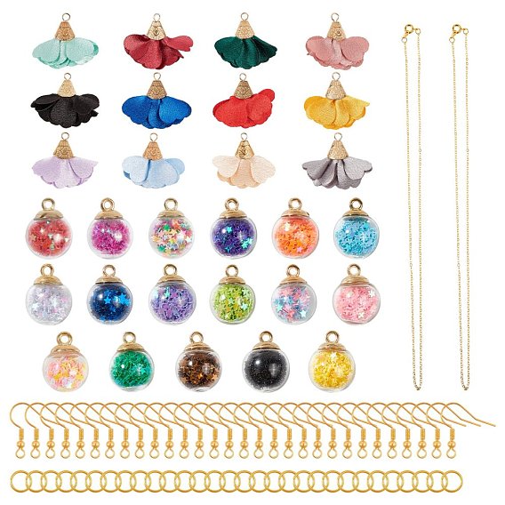 DIY Dangle Earring Making, with Iron & Cloth Pendants, Glass Ball Pendants, Iron Earring Hooks and Brass Cable Chain Necklace Marking