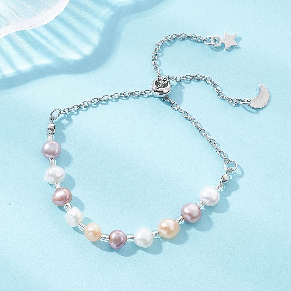 Браслеты-слайдеры из натурального пресноводного жемчуга, с 304 цепями из нержавеющей стали, Луна и звезды