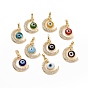 Brass Micro Pave Cubic Zirconia Pendants, with Handmade Evil Eye Lampwork, Crescent Moon Charm, Real 18K Gold Plated