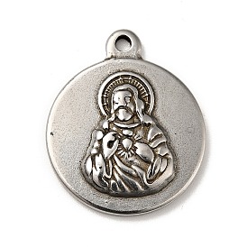 Tibetan Style 304 Stainless Steel Pendants, Flat Round with Priest Pattern Charms, Religion Theme