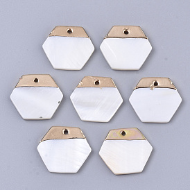 Natural Freshwater Shell Pendants, with Top Golden Plated Brass Findings, Hexagon