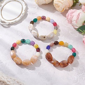 3Pcs 3 Colors Acrylic Beaded Stretch Bracelets for Women, Nuggets & Barrel
