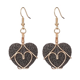 Heart Natural Lava Rock Dangle Earrings for Women, Copper Wire Wrapped Bead Essential Oil Earring