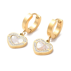 Synthetic White Shell Heart Dangle Hoop Earrings with Rhinestone, Ion Plating(IP) 304 Stainless Steel Jewelry