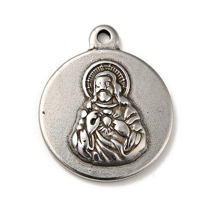 Estilo tibetano 304 colgantes de acero inoxidable, dijes redondos y planos con diseño de sacerdote, tema de la religión