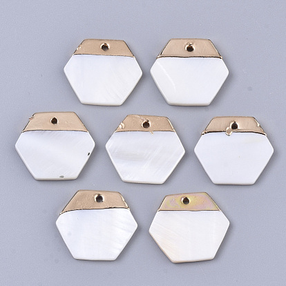 Natural Freshwater Shell Pendants, with Top Golden Plated Brass Findings, Hexagon