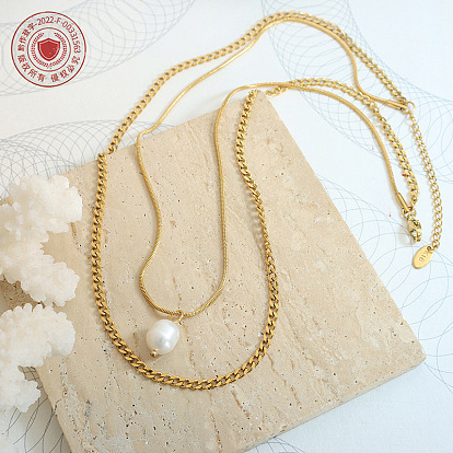 Collier de perles d'eau douce à pendentif irrégulier en couches pour femmes, bijoux à la mode en acier titane
