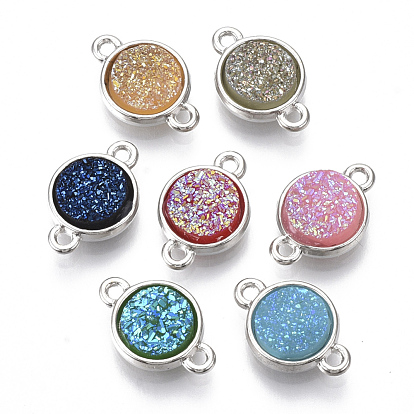 Alloy Links, with Druzy Resin Cabochons, Flat Round, Platinum