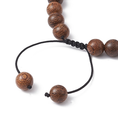 Natural Wenge Wood & Obsidian Round Braided Bead Bracelet, Adjustable Bracelet with Nylon Threads