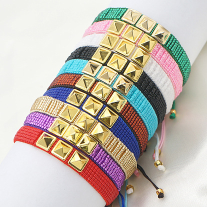 Handmade Punk Style Bracelet with Gold Plated Rivets and Miyuki Beads