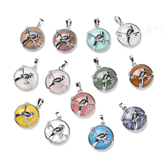 Natural & Synthetic Gemstone Pendants, with Platinum Plated Brass Findings, Flat Round with Magpie, Cadmium Free & Lead Free, Mixed Dyed and Undyed