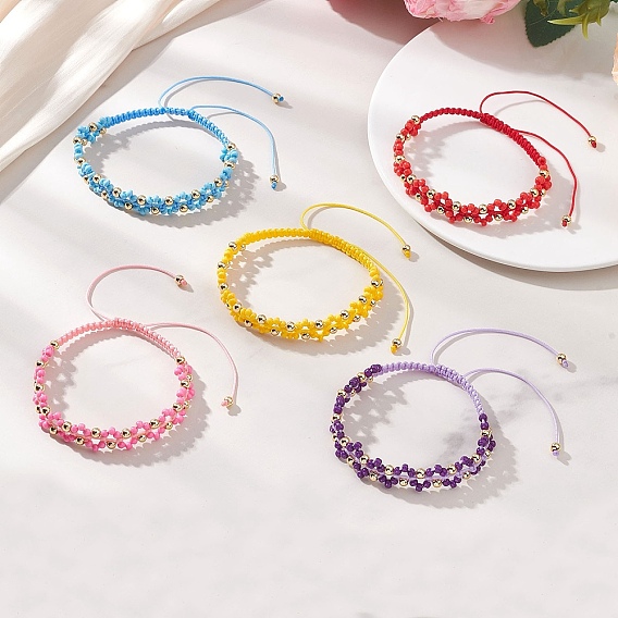 5шт. браслеты из стеклянных плетеных бусин, с латунной бисера, круглые