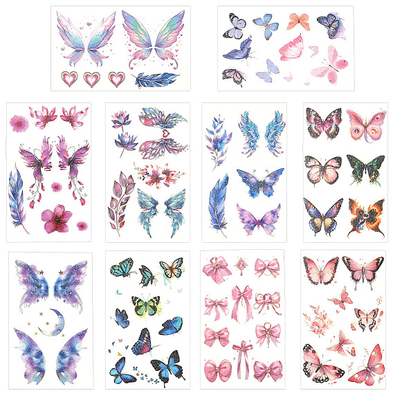 10 листы 10 цвета бабочки узор блестки боди-арт татуировки, Съемные временные татуировки для домашних животных, бумажные наклейки