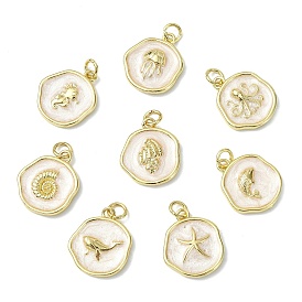 Подвески из латуни и эмали на тему океана, плоские круглые прелести, долговечный, стойки покрытие, без свинца и без кадмия