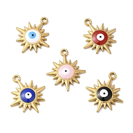 Real 18K Gold Plated 304 Stainless Steel Pendants, with Enamel, Sun with Evil Eye Charm