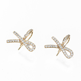 Brass Micro Pave Clear Cubic Zirconia Earring Hooks, Ear Wire, for Half Drilled Beads, Nickel Free, Silk Ribbon