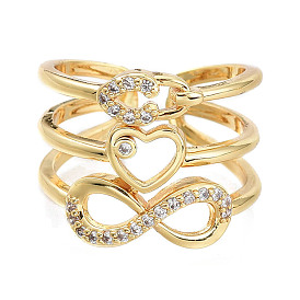 Adjustable Brass Micro Pave Clear Cubic Zirconia Cuff Rings, Open Rings, Wide Band Rings, Infinity, Heart, Lock