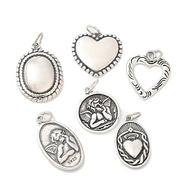 925 Sterling Silver Pendants, with Jump Rings and 925 Stamp, Oval Heart Flat Round, Antique Silver