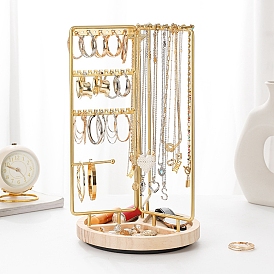 Rotatable Iron Jewelry Display Rack, with Wooden Jewelry Tray, For Hanging Necklaces Earrings Bracelets