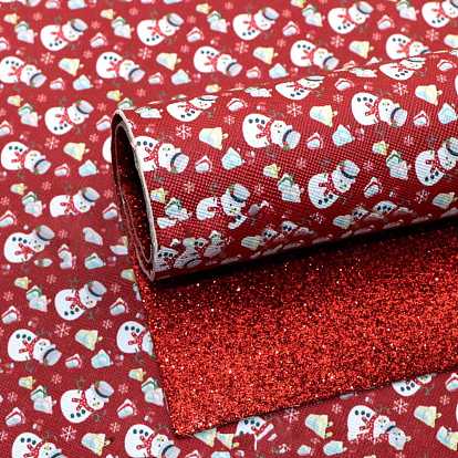 Double-Faced Imitation Leather Fabric Sheets, Glitter Powder, for DIY Crafts, Snowman Pattern