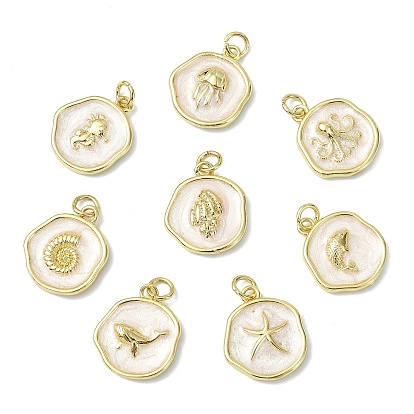 Подвески из латуни и эмали на тему океана, плоские круглые прелести, долговечный, стойки покрытие, без свинца и без кадмия