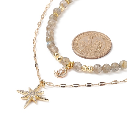 Star & Moon Pendant Necklaces Sets for Women, Natural Labradorite Beads Necklaces, Brass Micro Pave Cubic Zirconia Pendant Necklaces