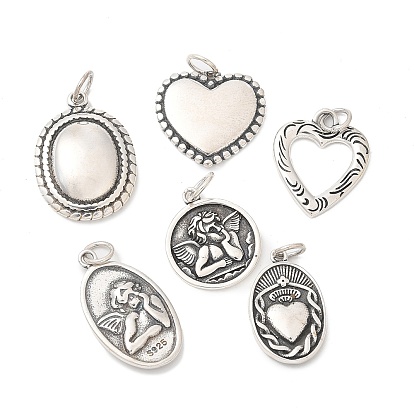 925 стерлингов серебряные подвески, с перемычками и 925 штампом, овальное сердце плоское круглое, античное серебро