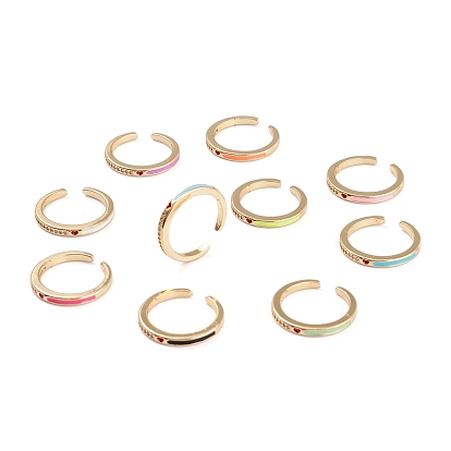 Brass Clear Cubic Zirconia Cuff Rings, Open Rings, Long-Lasting Plated, with Enamel, Real 18K Gold Plated, Heart