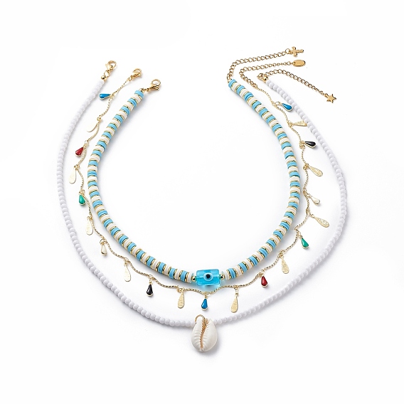 3Pcs 3 Style Natural Cowrie Shell & Enamel Teardrop Pendant Necklaces Set, Acrylic Evil Eye & Polymer Clay Disc Beaded Stackable Necklaces for Women