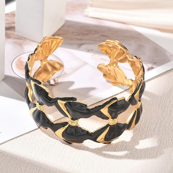 304 Stainless Steel Enamel Cuff Bangles for Women, Black Bowknot