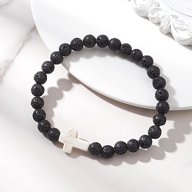 Эластичные браслеты из натуральных бусин из лавы для женщин, с синтетическим бирюзовым крестом