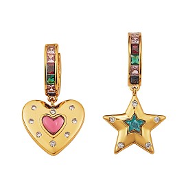 Colorful Cubic Zirconia Star and Heart Dangle Hoop Earrings, Brass Asymmetrical Earrings for Women