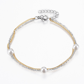 Two Tone 304 Stainless Steel Bracelets, with Acrylic Pearl