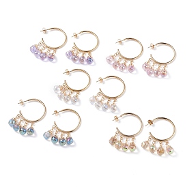 C-shape with Glass Beads Dangle Stud Earrings, 304 Stainless Steel Half Hoop Earrings for Women
